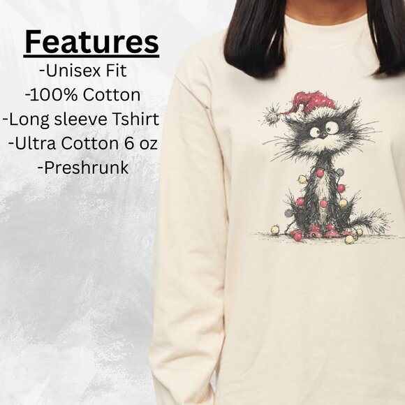 Christmas Cat Santa Hat Shirt Cute Holiday Kitty with Lights Funny Graphic Tee - Picture 5 of 6